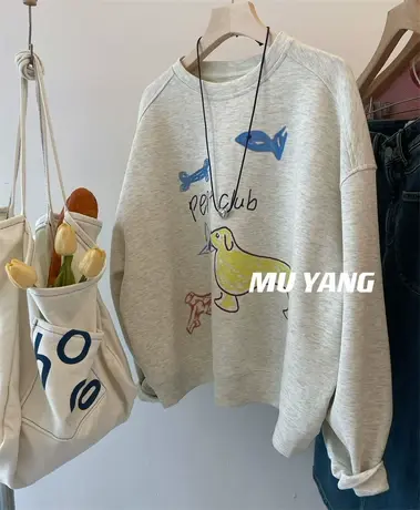 保持有趣 ~ 韩国东大门慵懒卫衣涂鸦女薄款时髦休闲大版套头上衣图片