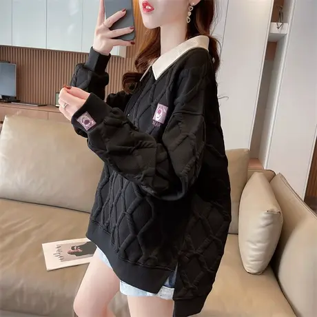 翻领polo衫卫衣女春秋季韩版宽松设计感小众薄款假两件上衣外套潮商品大图