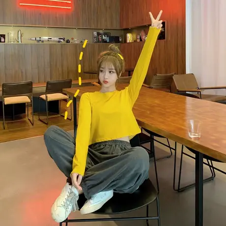 春秋短款上衣ins女装2023年早秋季新款小众心机设计感露脐长袖T恤图片