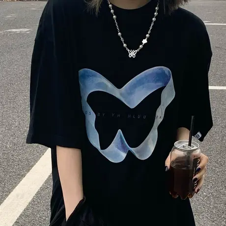 纯棉短袖t恤女2021新款欧洲站洋气宽松大码胖mm炸街复古上衣夏潮商品大图