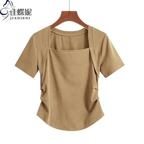 夏季新款方领修身显瘦圆弧纯欲纯棉纯色褶皱短袖体恤上衣女打底衫商品大图
