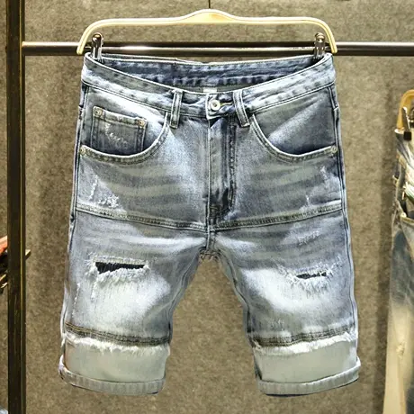 夏季新款破洞短裤男宽松直筒牛仔裤男五分裤潮牌个性拼接帅气中裤商品大图