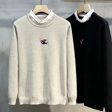 秋冬季毛衣男假两件衬衫领休闲针织衫2023新款潮流韩版修身毛线衣商品大图