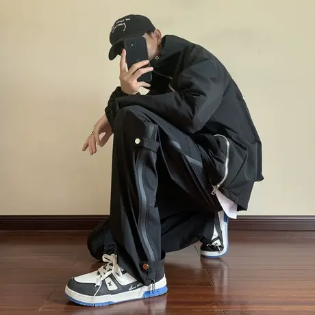 美式冲锋裤子男春夏款潮牌运动登山裤宽松大码高街直筒休闲工装裤商品大图