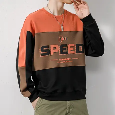 春秋款男士宽松潮牌圆领卫衣春季重磅长袖T恤春天撞色痞帅上衣服商品大图