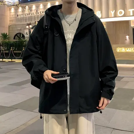 日系黑色冲锋衣外套男秋季潮牌户外运动登山服男生连帽工装夹克商品大图