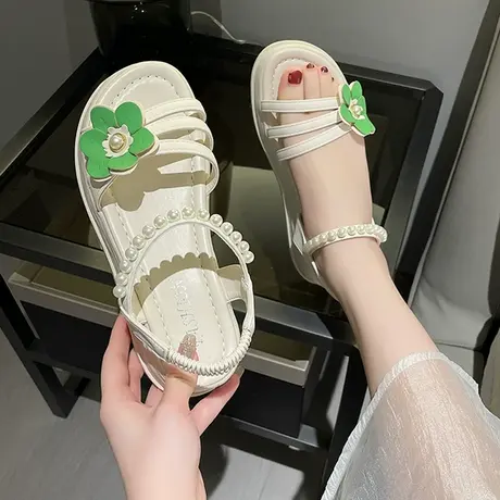 凉鞋女2023年新款夏季厚底松糕平底鞋珍珠松紧带女鞋仙女风配裙子商品大图