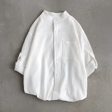 亚麻短袖T恤男士套头夏季圆领中国风立领棉麻布体恤衫白色薄衬衣图片