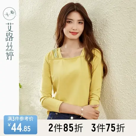 艾路丝婷方领长袖T恤女2023秋装新款休闲百搭绣花体恤衫薄款上衣商品大图