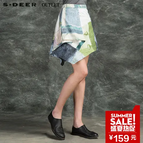 sdeer圣迪奥秋装抽象晕染印花不规则摆亚麻短裙半身裙女S16181317图片