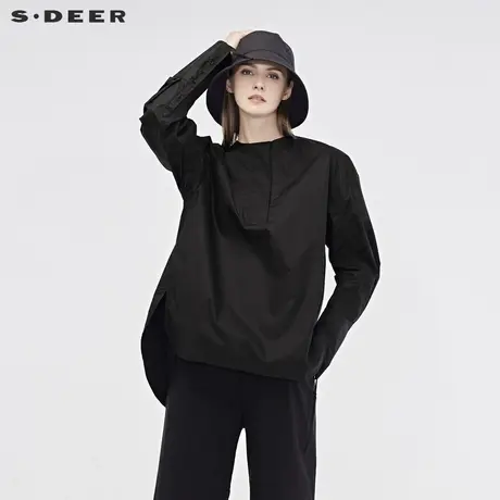 sdeer圣迪奥2019春装新款女圆领抽褶弧形下摆落肩袖衬衫S19180536图片