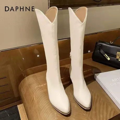 达芙妮长筒靴女2021年新款西部牛仔靴v口骑士靴尖头白色高筒长靴图片