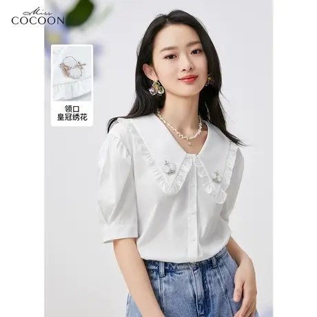 miss COCOON荷叶边娃娃领白衬衫女2023夏装新款减龄气质百搭上衣商品大图
