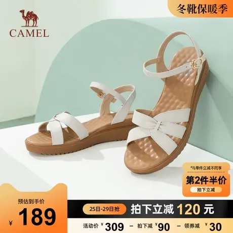 骆驼女鞋2023夏季新款真皮软底一字带露趾平底厚底罗马女时装凉鞋图片