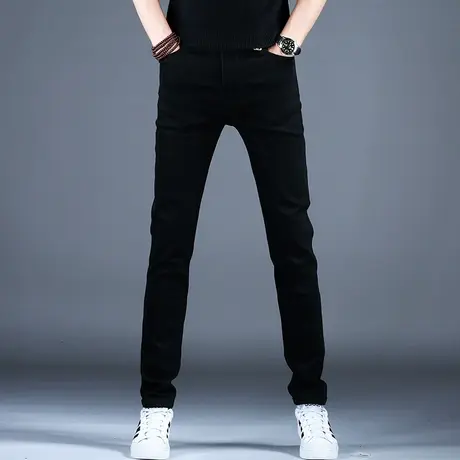 时尚男士新款牛仔裤男款黑色百搭简约小脚修身裤子2023秋冬季潮牌商品大图