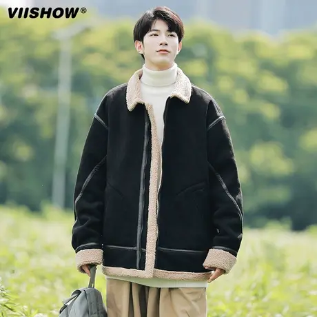 VIISHOW麂皮绒棉衣男士羊羔绒翻领机车服韩版一体绒棉袄外套男装商品大图