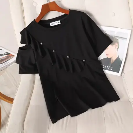 伊自尚2024新款女装大码夏季小众设计感纯色显瘦荷叶边T恤上衣女商品大图