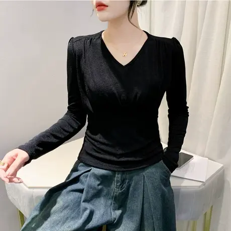 2024春秋新款T恤网纱镂空拼接V领洋气内塔上衣女修身显瘦打底小衫商品大图