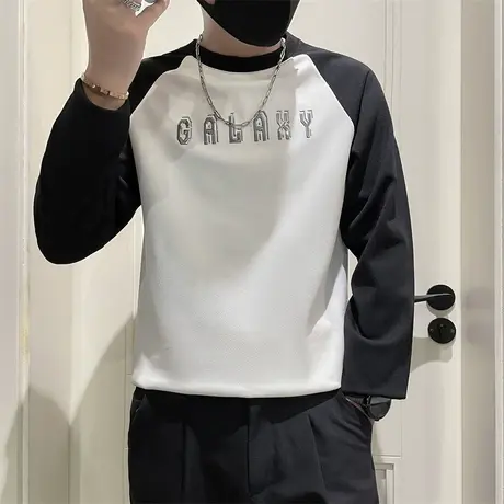 复古拼色插肩长袖字母T恤男秋季2023小众设计感休闲卫衣打底衫商品大图