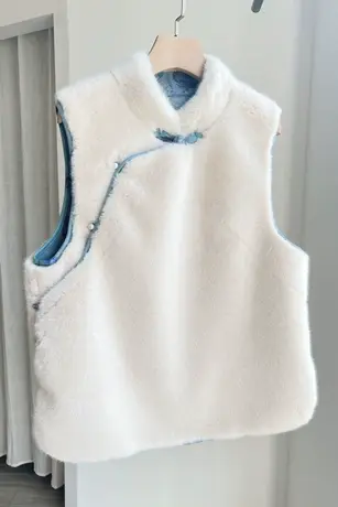 素飞新中式白色水貂绒立领背心马甲女冬季新款轻国风小棉袄短外套图片