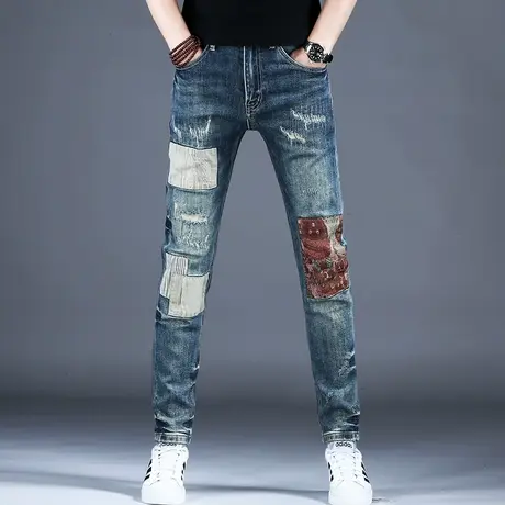 四季款男裤拼接复古做旧破洞补丁牛仔裤男款小脚修身裤子潮流男士图片