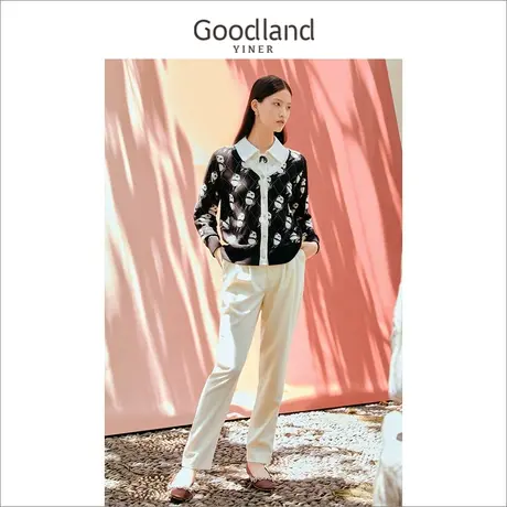 *切Goodland美地女装冬v领毛衣外套熊猫提花针织开衫图片