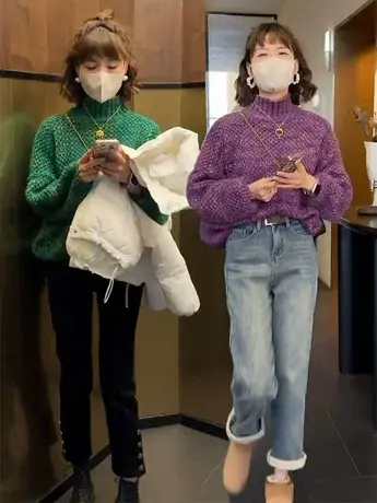 2023秋冬高领粗针毛衣女新款内搭针织衫加厚宽松温柔风高级感上衣图片