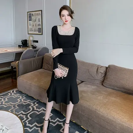 秋冬复古优雅气质修身鱼尾包臀连衣裙法式轻奢宴会收腰显瘦小礼服商品大图