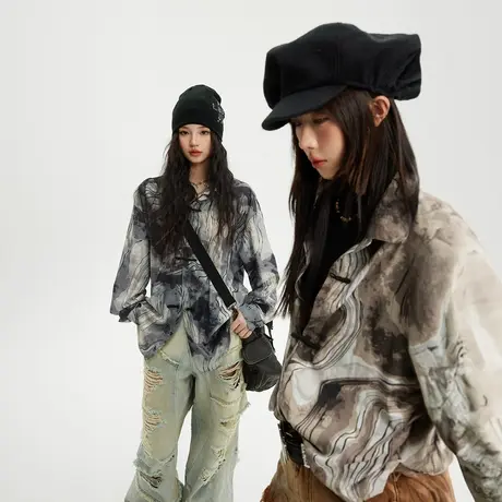 潮牌街头痞帅花衬衫女春季2024新款复古新中式上衣宽松情侣装衬衣图片