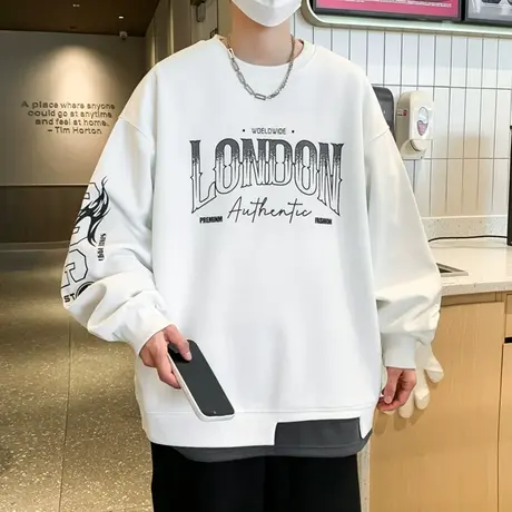 假两件卫衣男春秋款美式字母印花长袖t恤男潮牌慵懒风圆领打底衫T商品大图