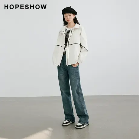 红袖山系户外分连帽短外套hopeshow2024春季新款撞色条插肩上衣图片