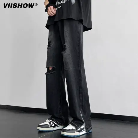 VIISHOW阔腿牛仔裤男设计感小众破洞美式复古vibe拉链水洗长裤子商品大图