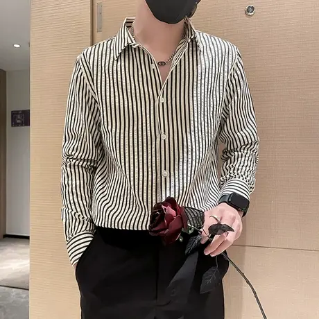 春秋季时尚休闲简约条纹高级感韩版修身长袖衬衫网红痞帅衬衣上衣商品大图