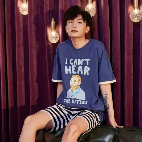 唐狮新款可外穿睡衣男夏季宽松短袖短裤男士纯棉家居服套装图片