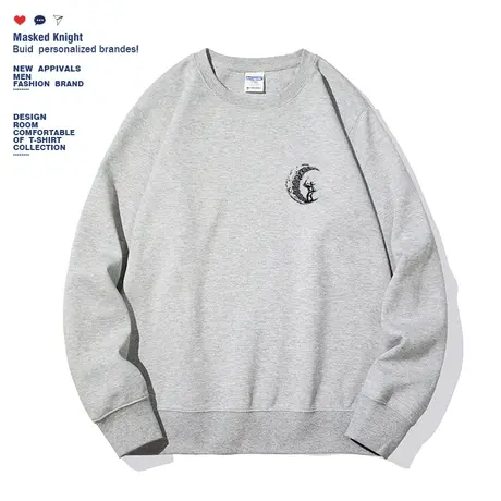 秋季日系胸标圆领卫衣男卡通简约宇航员印花宽松加绒无帽套头衫商品大图