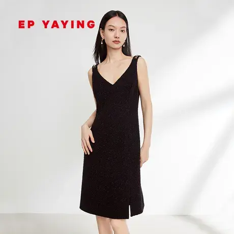 EP雅莹女装 粗花呢V领小黑裙吊带连衣裙 2023秋冬新款4205A图片