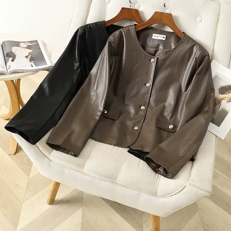 伊自尚2023年新款女装大码胖mm秋季韩系时尚百搭皮衣外套上衣女潮商品大图