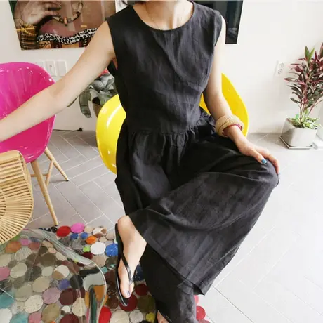 夏装新款阔腿连体裤裙女学生韩版无袖宽松大码黑色休闲棉麻七分裤商品大图