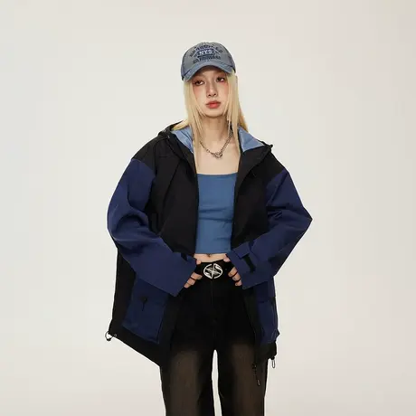 复古拼接户外连帽冲锋衣女春秋2023新款宽松爬山运动外套ins潮牌商品大图