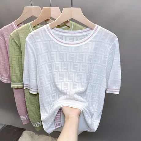 圆领镂空针织衫女2023春夏秋新款韩版宽松外穿上衣薄款短袖t恤衫商品大图