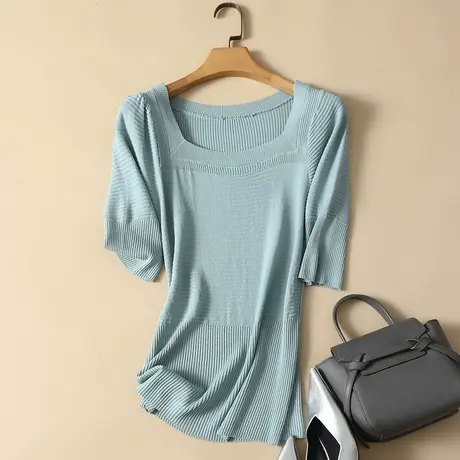 冰丝针织衫短袖t恤女2023春夏新款圆领短款显瘦薄款打底衫女上衣商品大图