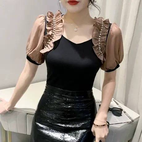 女装2023新款潮荷叶边T恤短袖网红设计感小众泡泡袖上衣紧身小衫商品大图