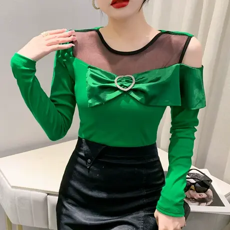 性感网纱拼接T恤女长袖秋装2023新款设计感小众上衣露肩打底衫ins图片