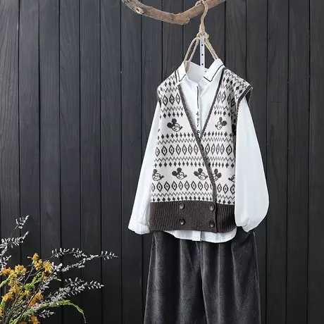 文艺复古提花针织马甲女春秋新款V领双排扣无袖坎肩宽松线衣背心商品大图