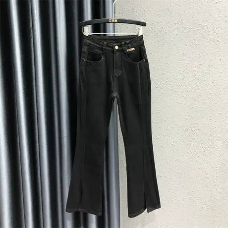 韩版2023秋季新款弹力修身显瘦高腰喇叭裤长裤开叉微喇牛仔裤女商品大图