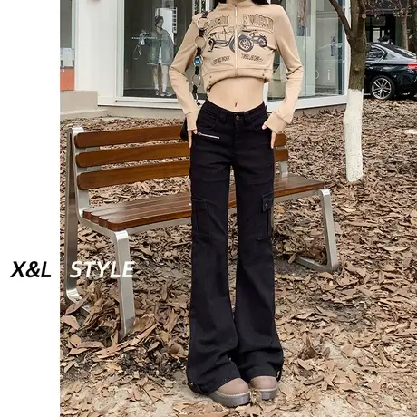 黑色微喇工装裤女秋季2023年新款高腰辣妹设计感美式喇叭休闲裤子商品大图