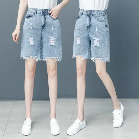 时尚破洞牛仔短裤女夏季2023炸街爆款直筒阔腿裤韩版宽松毛边热裤图片