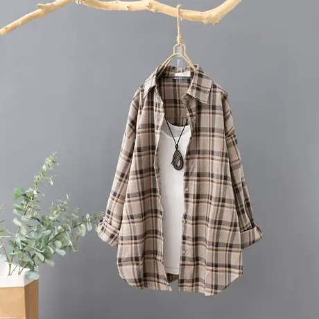复古港味中长款长袖格子衬衫女休闲百搭宽松外套衬衣春秋开衫上衣商品大图