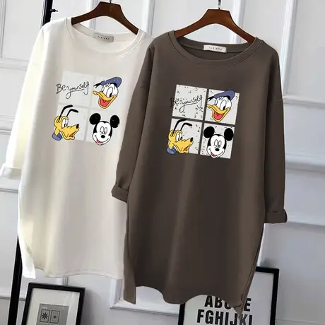 秋冬纯棉长袖t恤女韩版宽松大码上衣2022年中长款加厚磨毛打底衫商品大图