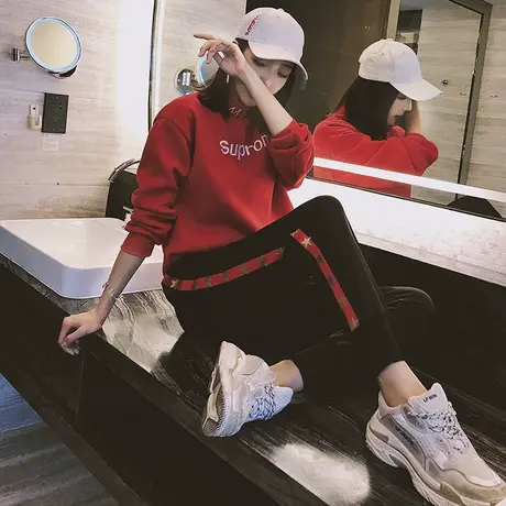 微胖大码束脚运动裤卫裤女胖mm春秋新款宽松高腰显瘦休闲裤200斤商品大图